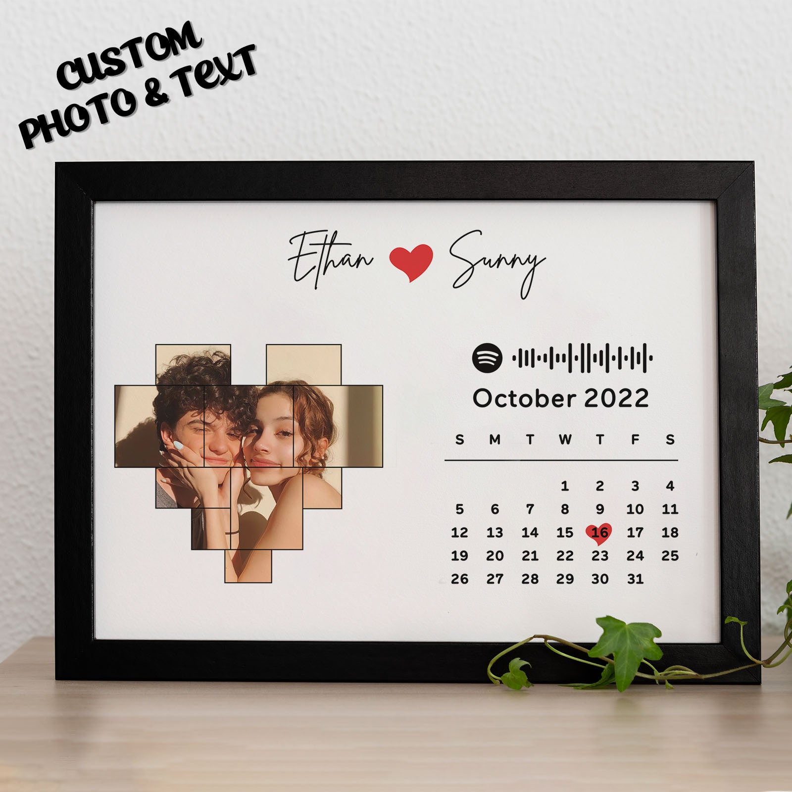 Custom Photo Calendar and Names with Spotify code Wooden Frame Gifts for Her Love Couple