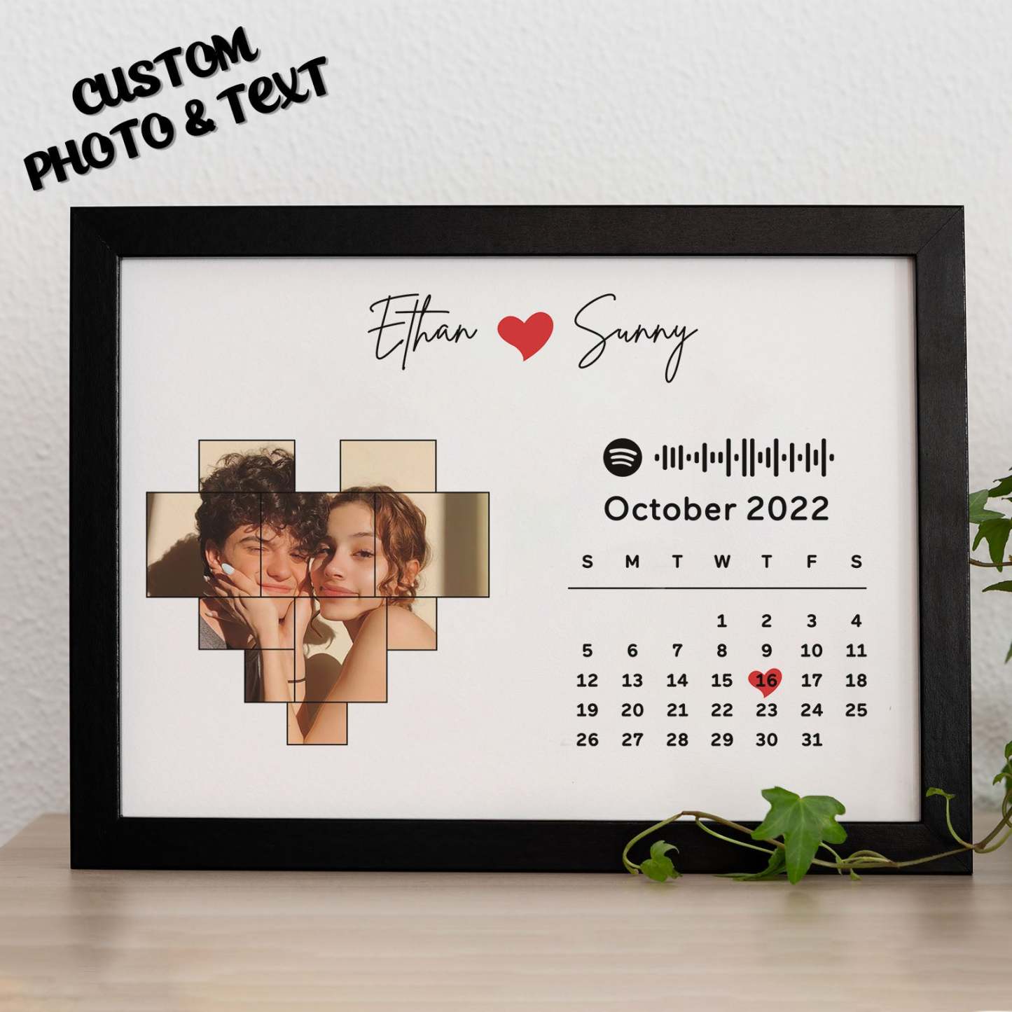 Custom Photo Calendar and Names with Spotify code Wooden Frame Gifts for Her Love Couple - MyFaceBoxer