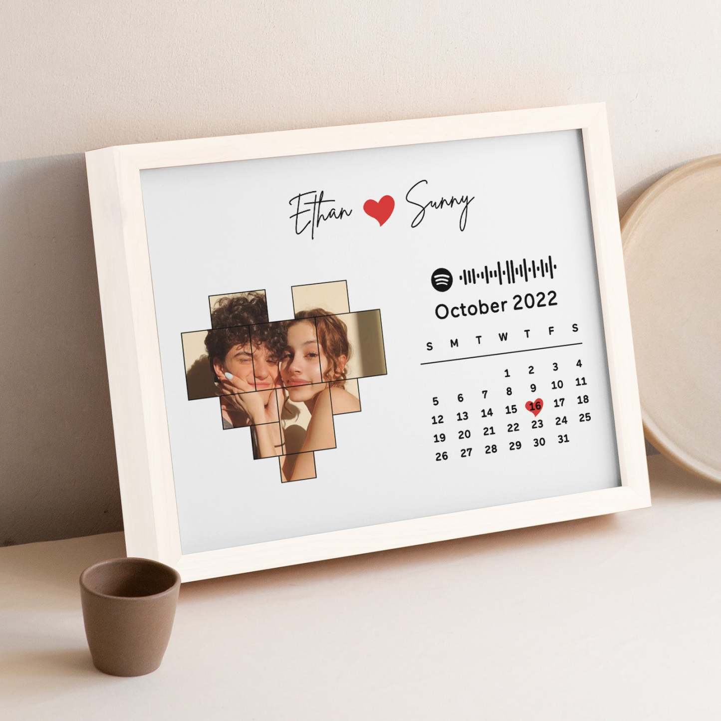 Custom Photo Calendar and Names with Spotify code Wooden Frame Gifts for Her Love Couple - MyFaceBoxer