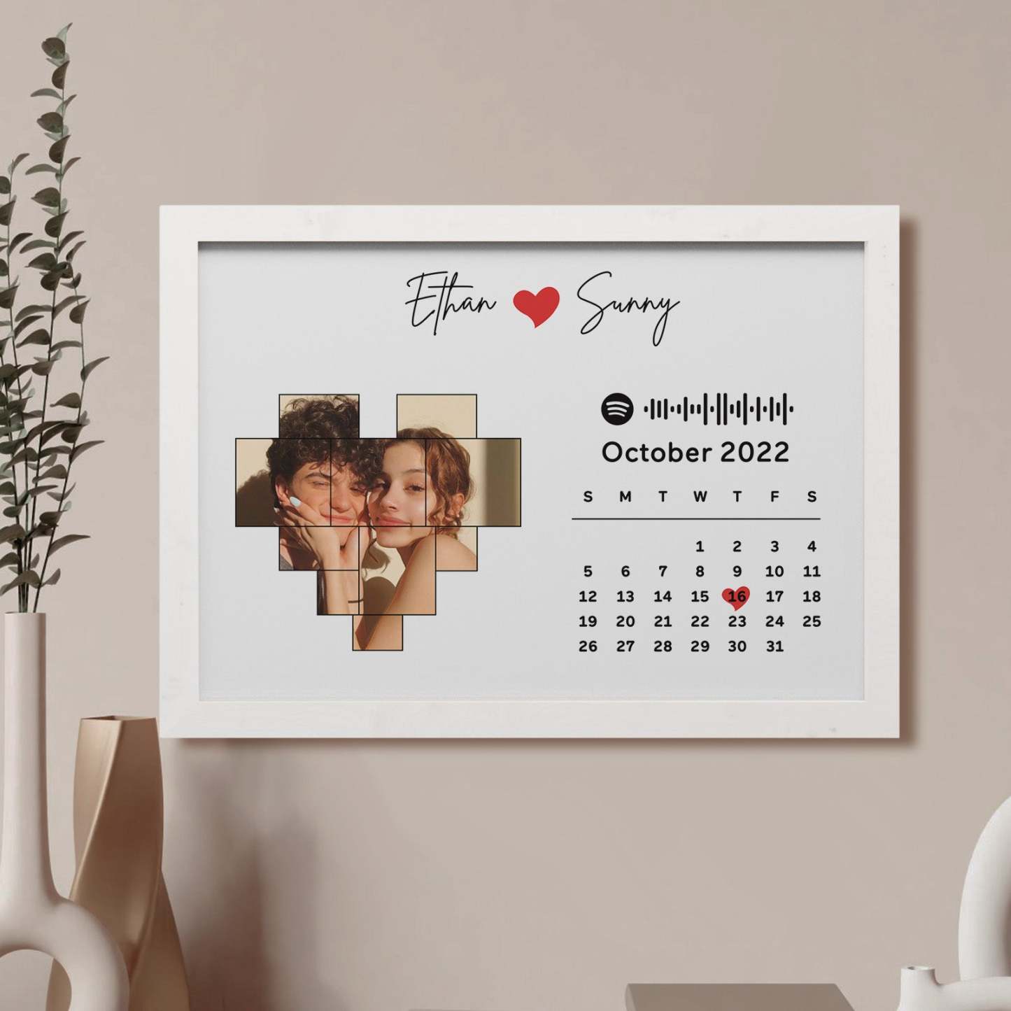 Custom Photo Calendar and Names with Spotify code Wooden Frame Gifts for Her Love Couple - MyFaceBoxer