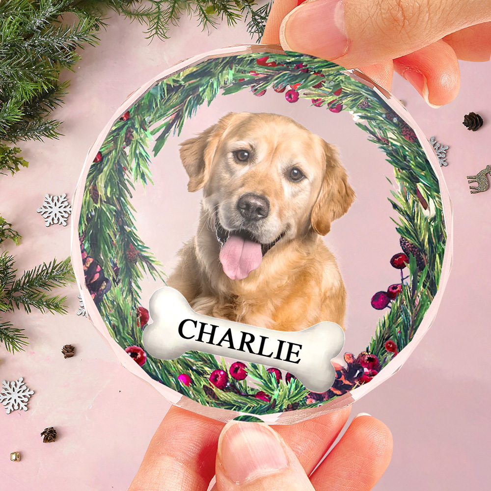 Custom Memorial Ornament Personalized Pet Photo and Name Round Glass Christmas Ornament for Pet Lover - MyFaceBoxer