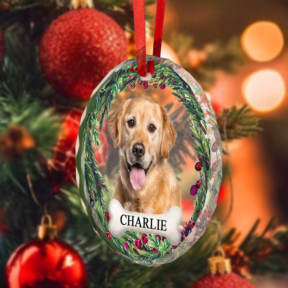 Custom Memorial Ornament Personalized Pet Photo and Name Round Glass Christmas Ornament for Pet Lover - MyFaceBoxer