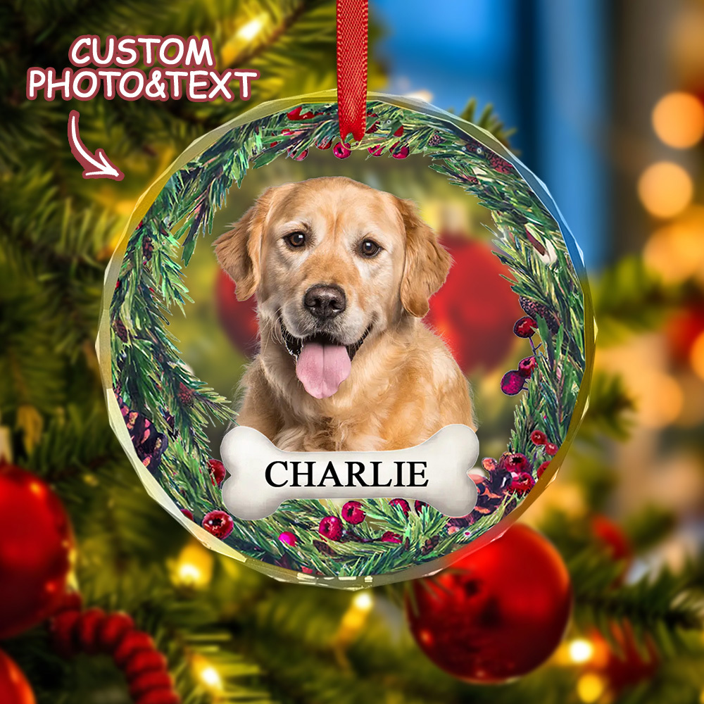 Custom Memorial Ornament Personalized Pet Photo and Name Round Glass Christmas Ornament for Pet Lover - MyFaceBoxer