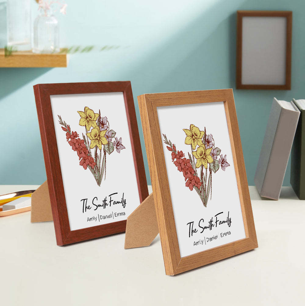 Personalized Birth flower Bouquet Beech Wood Names Frame Gift for Mom - MyFaceBoxer