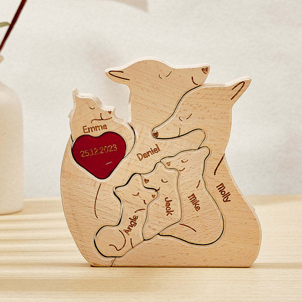 Personalized Wooden Fox Custom Family Member Names Puzzle Home Decor Gifts - MyFaceBoxer