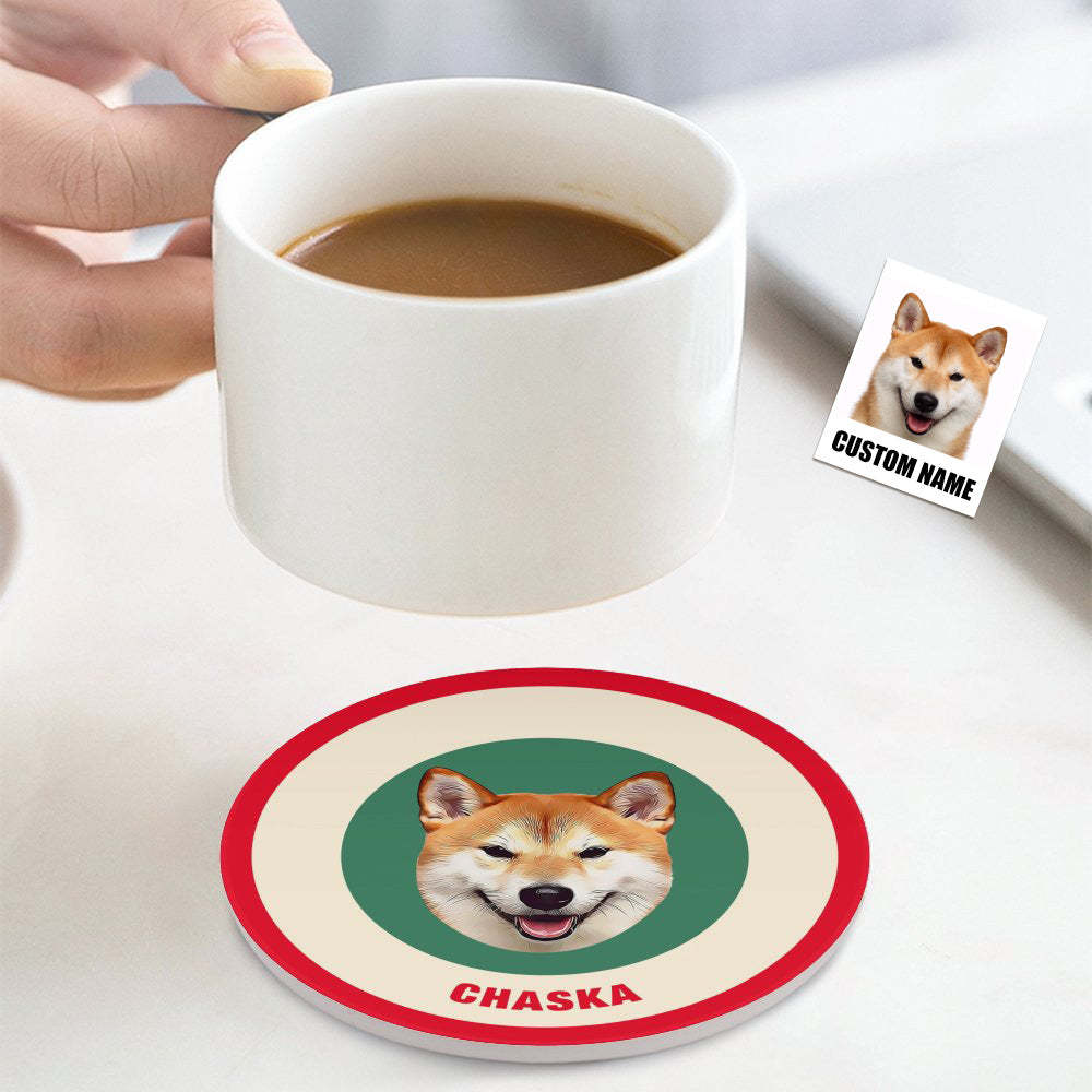 Custom Round Coaster Personalized Pet Photo with Name Coasters Gift for Pet Lover - Brown - MyFaceBoxer