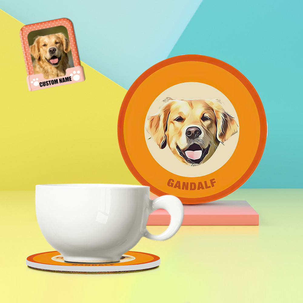 Custom Round Coaster Personalized Pet Photo with Name Coasters Gift for Pet Lover - Brown - MyFaceBoxer