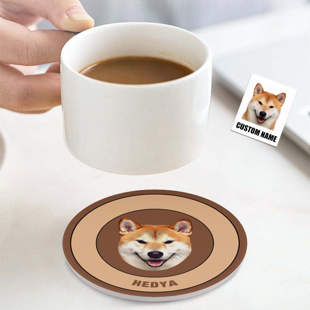 Custom Round Coaster Personalized Pet Photo with Name Coasters Gift for Pet Lover - Brown - MyFaceBoxer