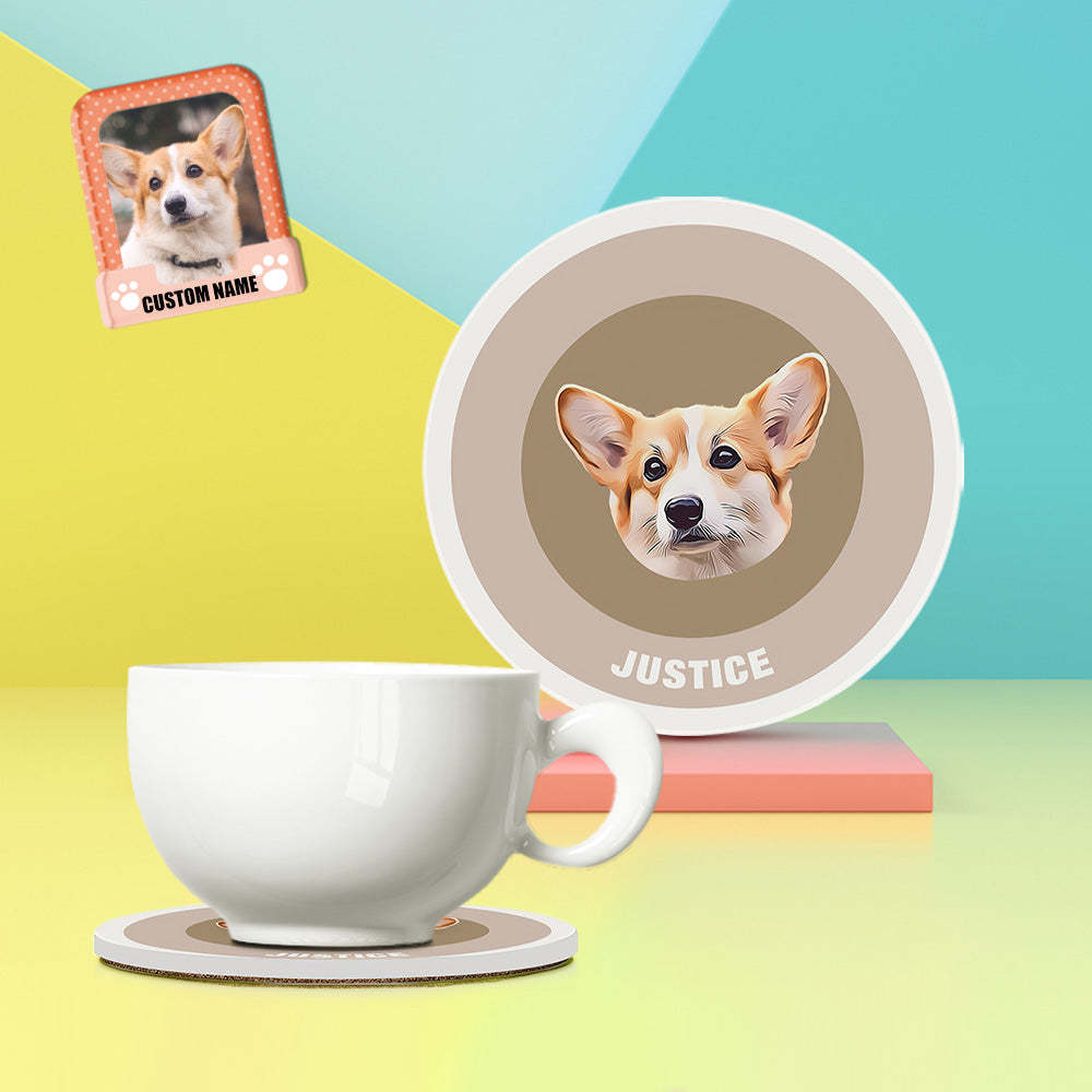 Custom Round Coaster Personalized Pet Photo with Name Coasters Gift for Pet Lover - Brown - MyFaceBoxer