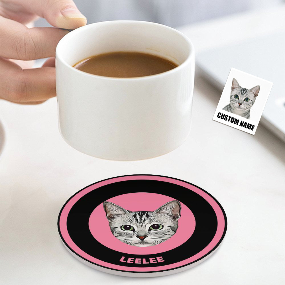 Custom Round Coaster Personalized Pet Photo with Name Coasters Gift for Pet Lover - Black & Pink - MyFaceBoxer