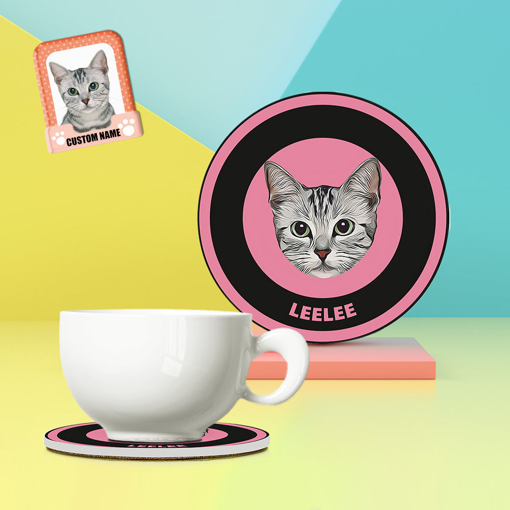 Custom Round Coaster Personalized Pet Photo with Name Coasters Gift for Pet Lover - Black & Pink - MyFaceBoxer