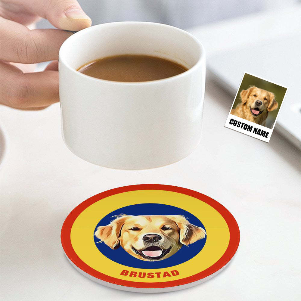 Custom Round Coaster Personalized Pet Photo with Name Coasters Gift for Pet Lover - Brown - MyFaceBoxer