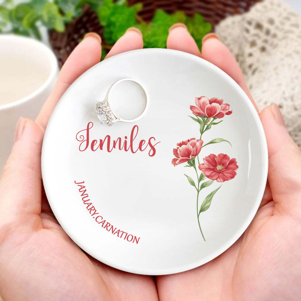 Personalized Birth Flower Floral Ring Jewelry Dish Gift for Her - MyFaceBoxer