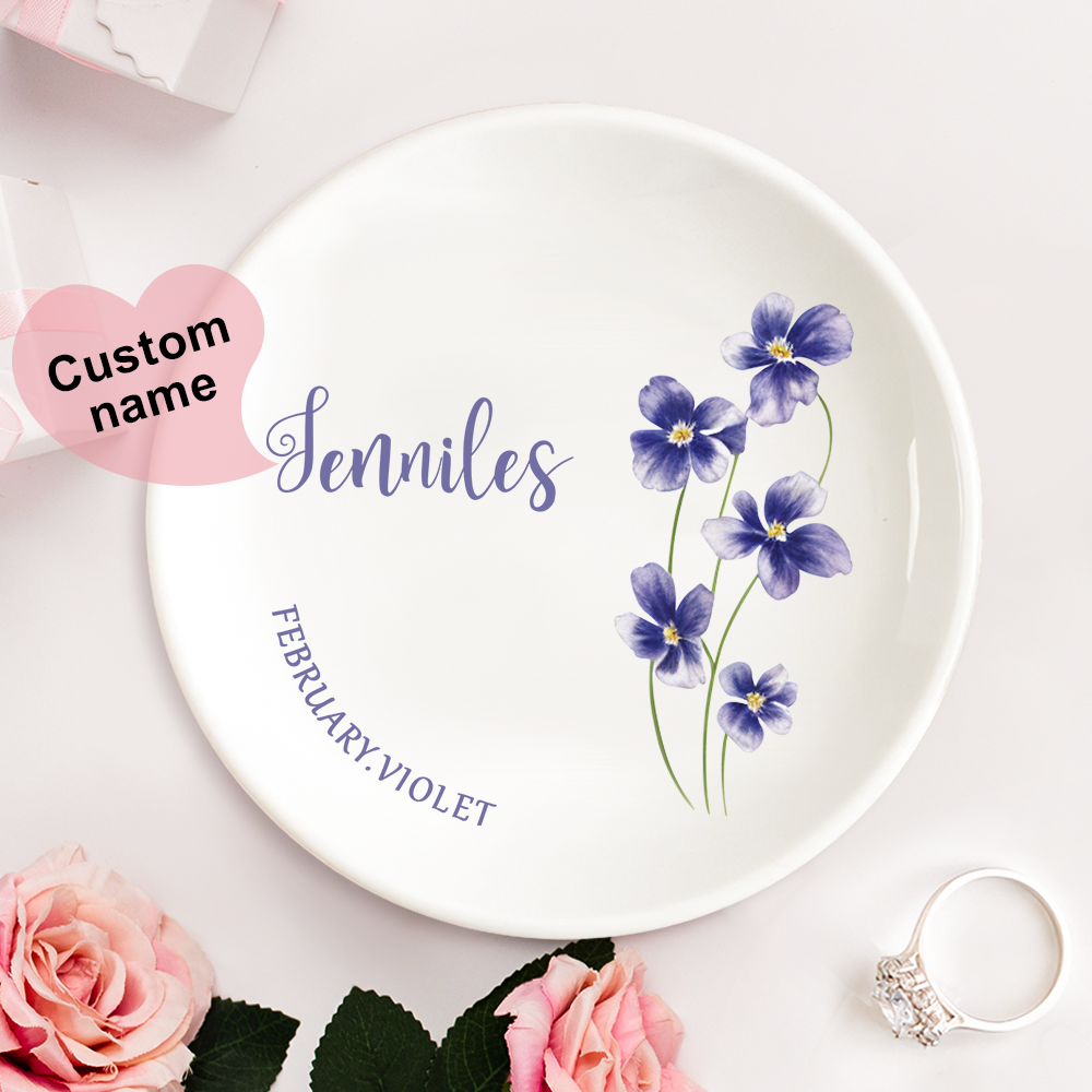 Personalized Birth Flower Floral Ring Jewelry Dish Gift for Her - MyFaceBoxer