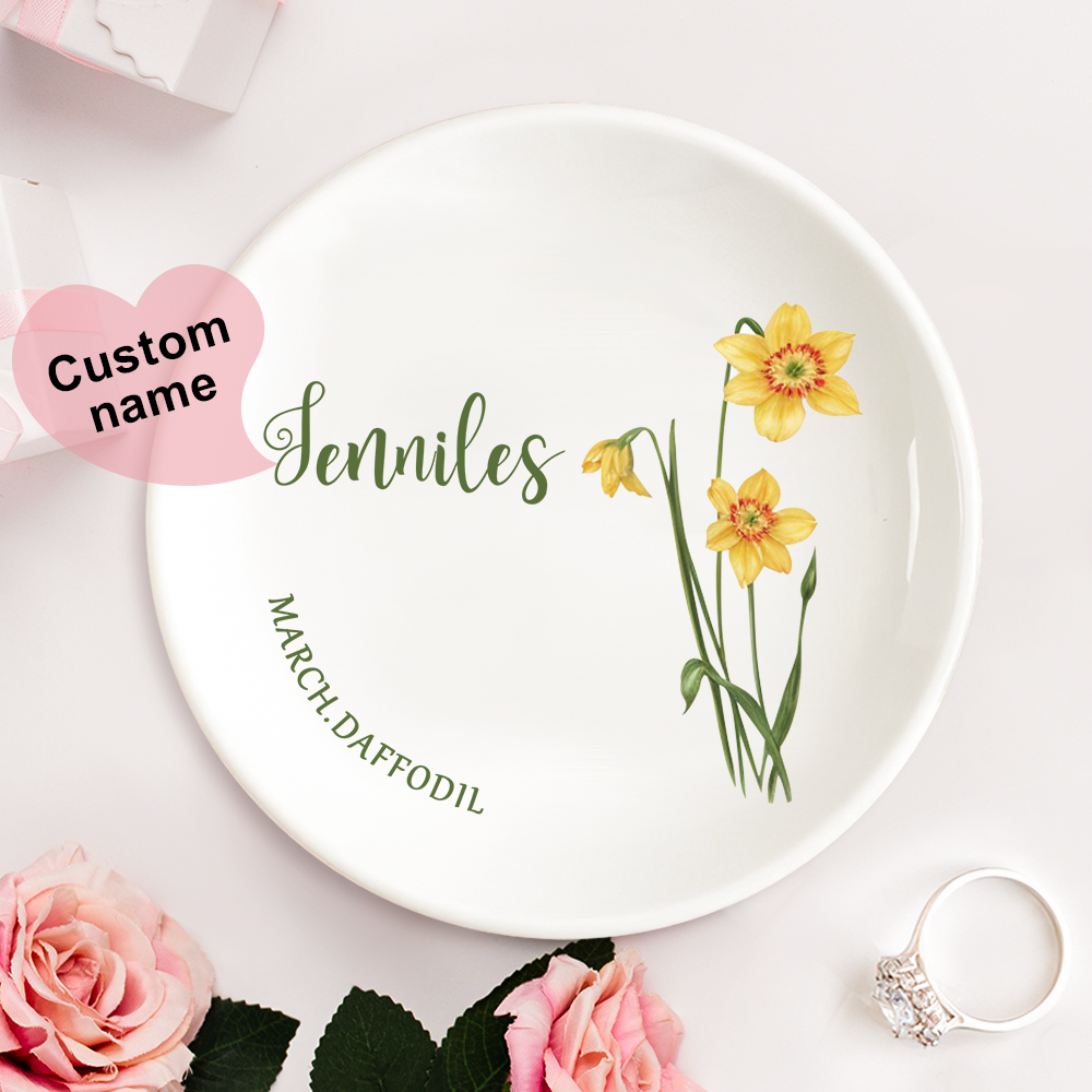 Personalized Birth Flower Floral Ring Jewelry Dish Gift for Her - MyFaceBoxer