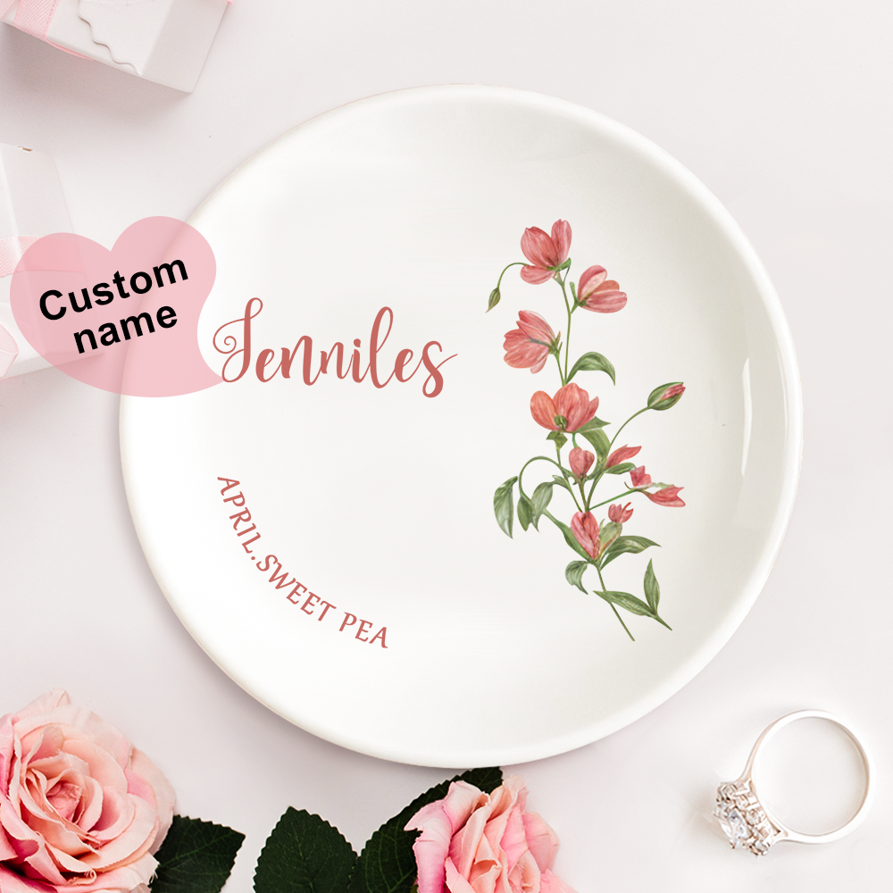 Personalized Birth Flower Floral Ring Jewelry Dish Gift for Her - MyFaceBoxer