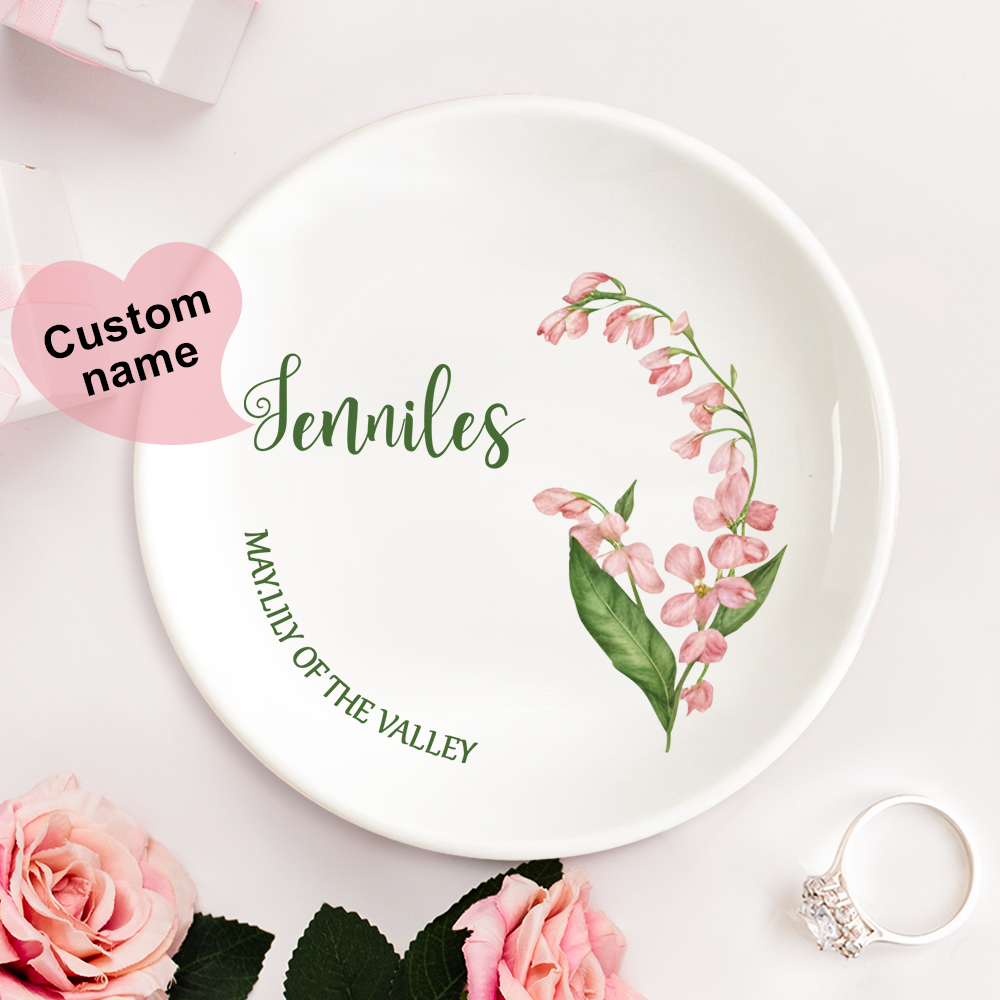 Personalized Birth Flower Floral Ring Jewelry Dish Gift for Her - MyFaceBoxer
