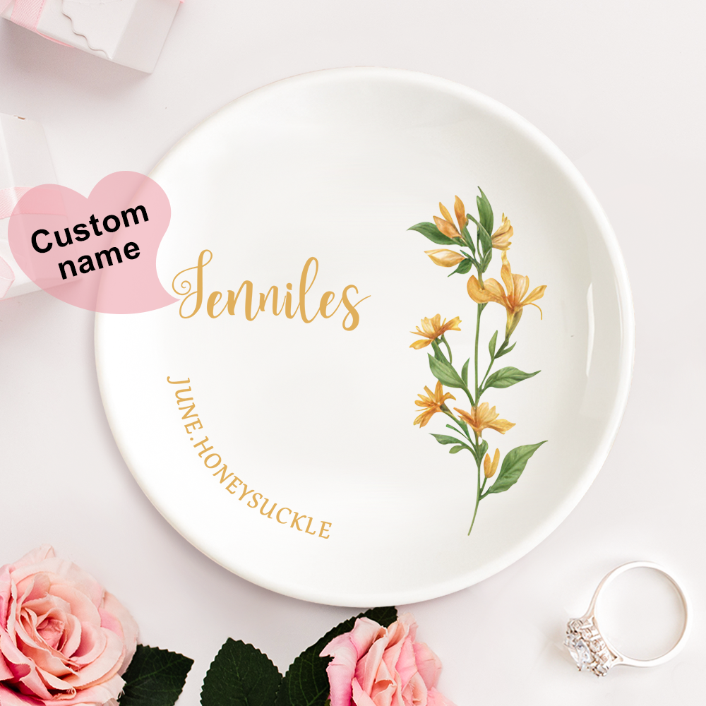 Personalized Birth Flower Floral Ring Jewelry Dish Gift for Her - MyFaceBoxer