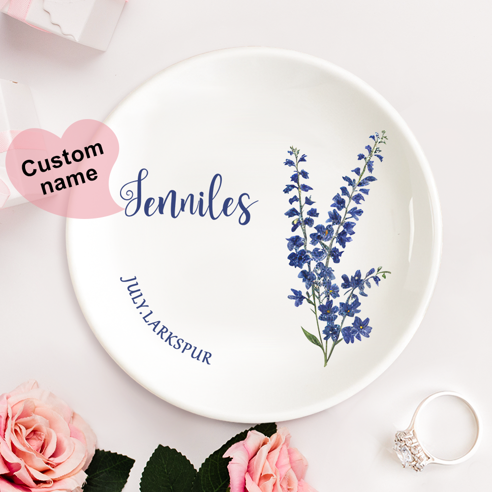 Personalized Birth Flower Floral Ring Jewelry Dish Gift for Her - MyFaceBoxer