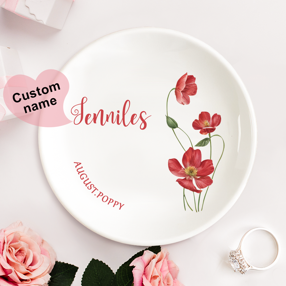 Personalized Birth Flower Floral Ring Jewelry Dish Gift for Her - MyFaceBoxer