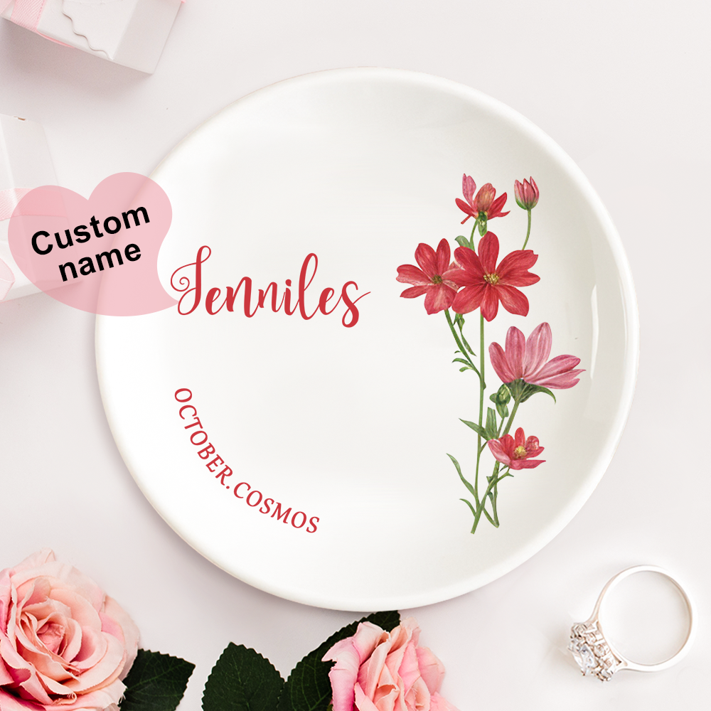 Personalized Birth Flower Floral Ring Jewelry Dish Gift for Her - MyFaceBoxer