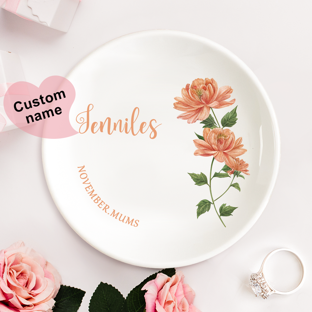 Personalized Birth Flower Floral Ring Jewelry Dish Gift for Her - MyFaceBoxer