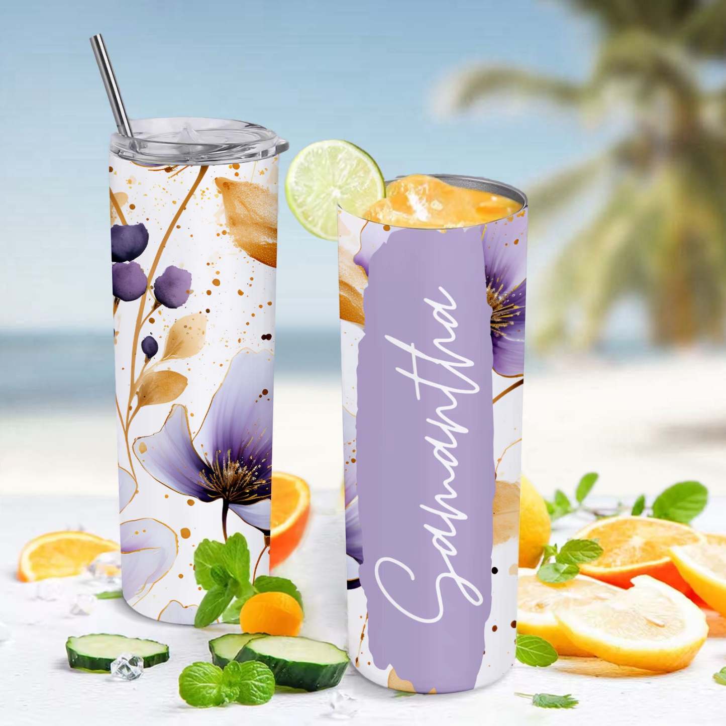 Personalized Floral Name Tumbler Skinny Seamless Gift for Her - MyFaceBoxer