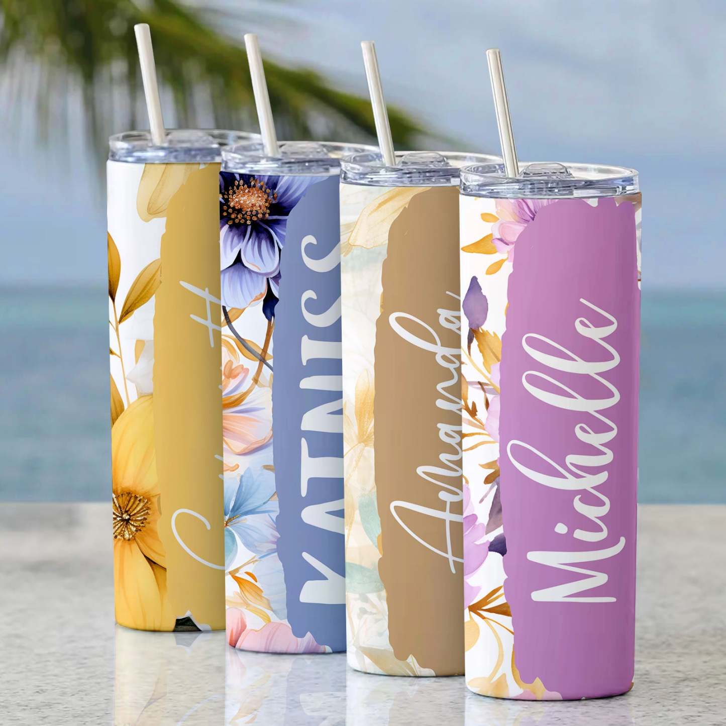 Custom Floral Tumbler Personalized Name Beach Water Cup - MyFaceBoxer