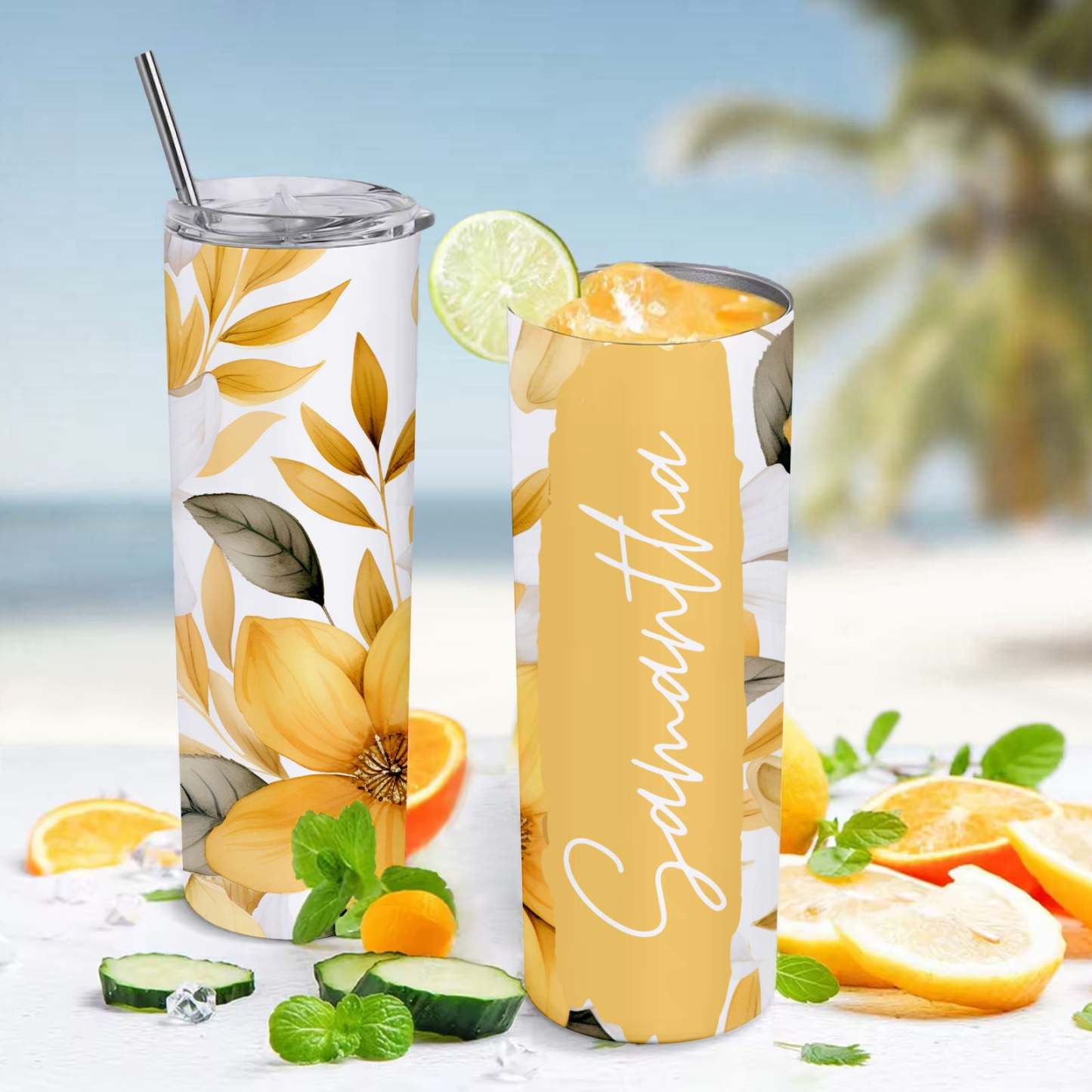 Custom Floral Tumbler Personalized Name Beach Water Cup - MyFaceBoxer