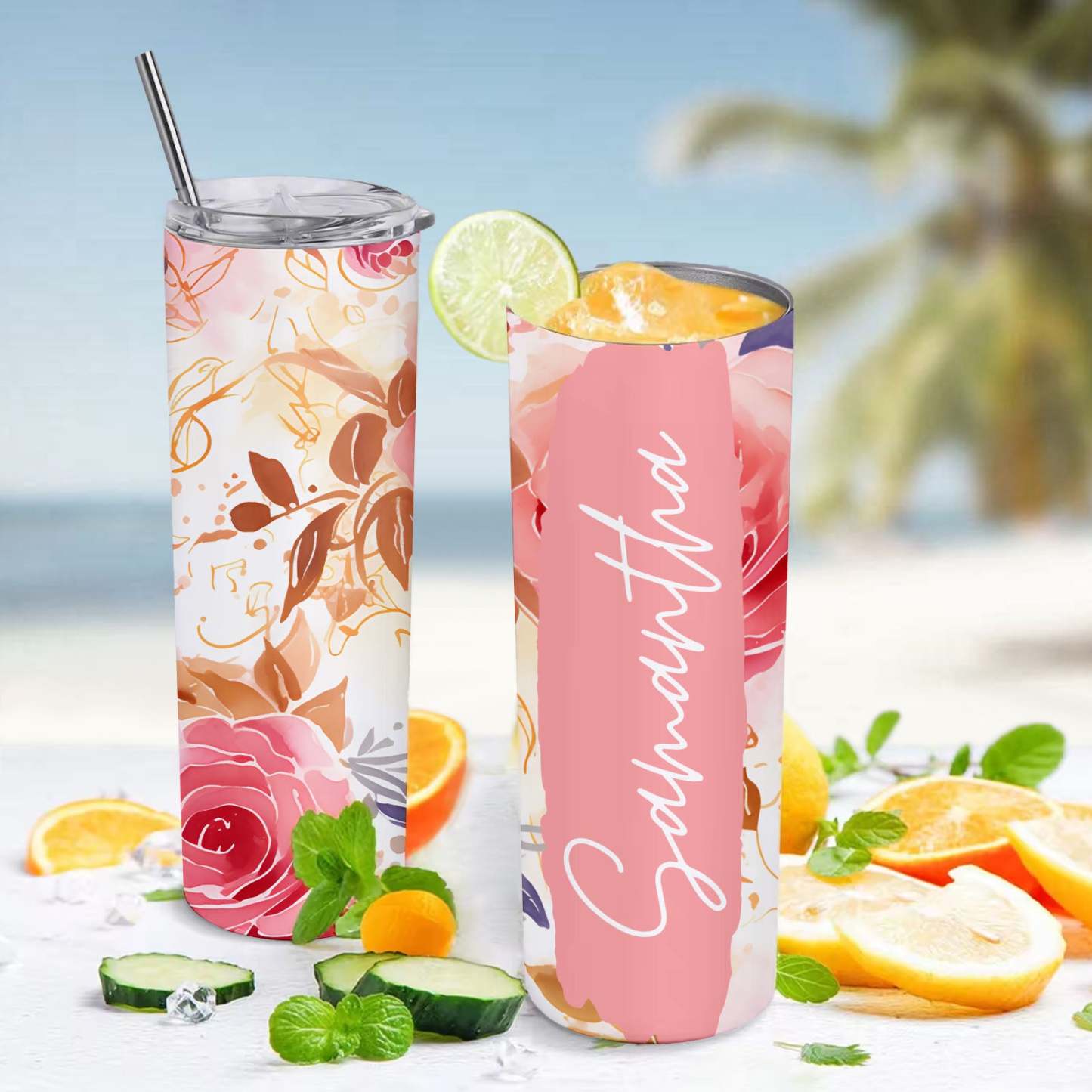 Custom Name Floral Tumbler Skinny Wedding Summer Gift - MyFaceBoxer