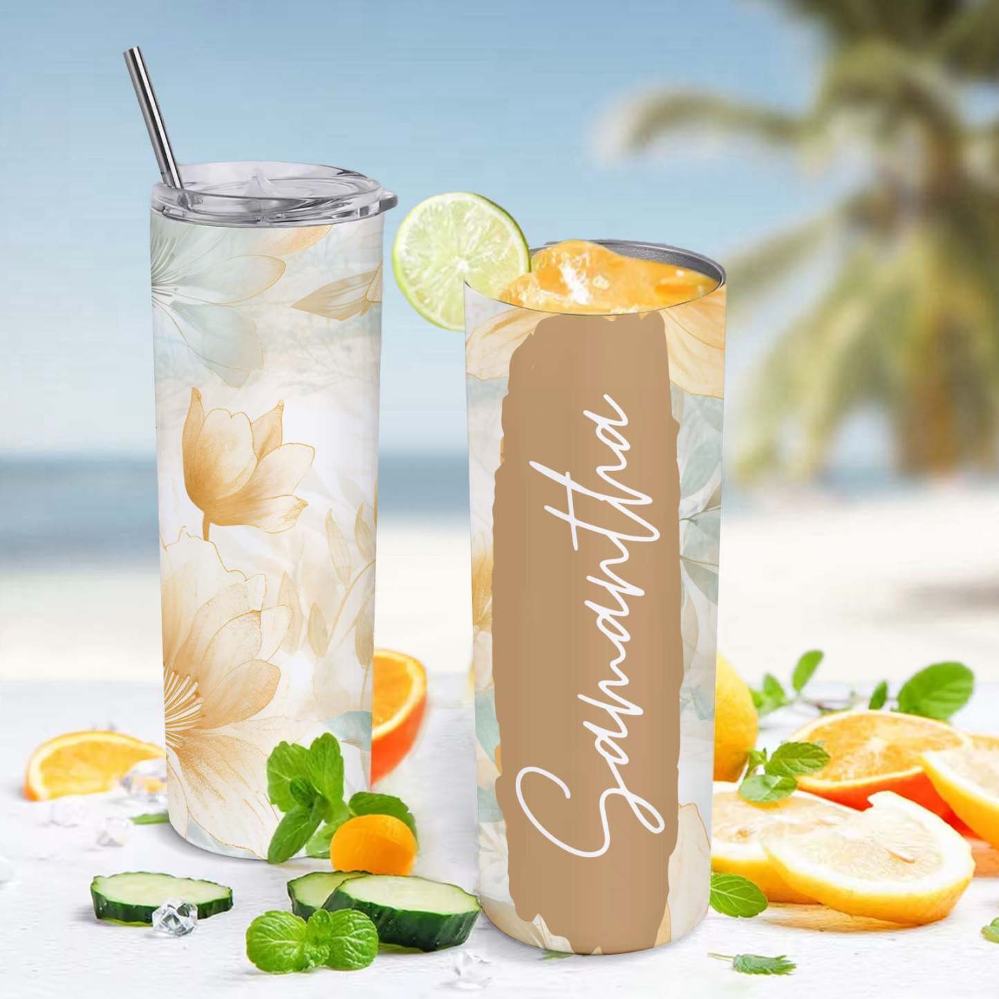 Name Floral Tumbler Personalized Water Cup Skinny Summer Gift - MyFaceBoxer