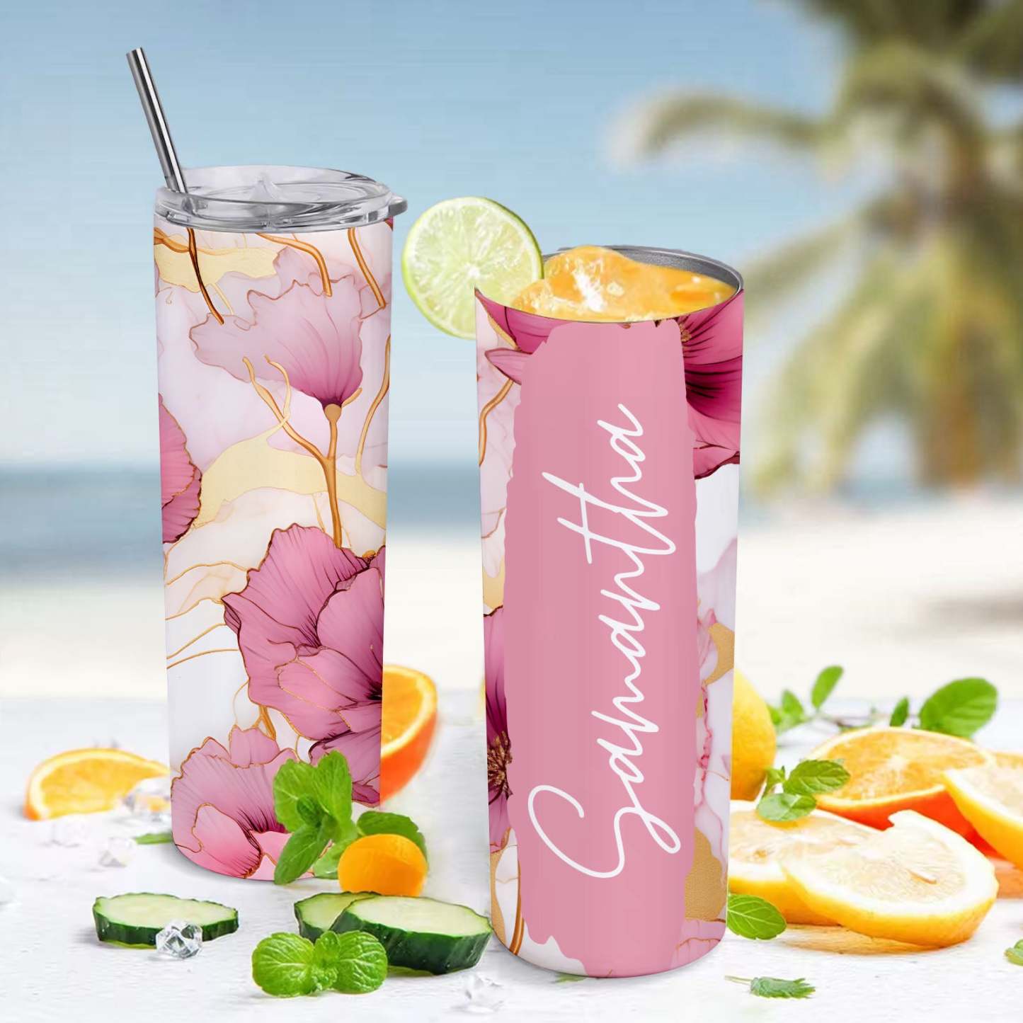Personalized Tumbler Floral Name Skinny Seamless Gift for Her - MyFaceBoxer