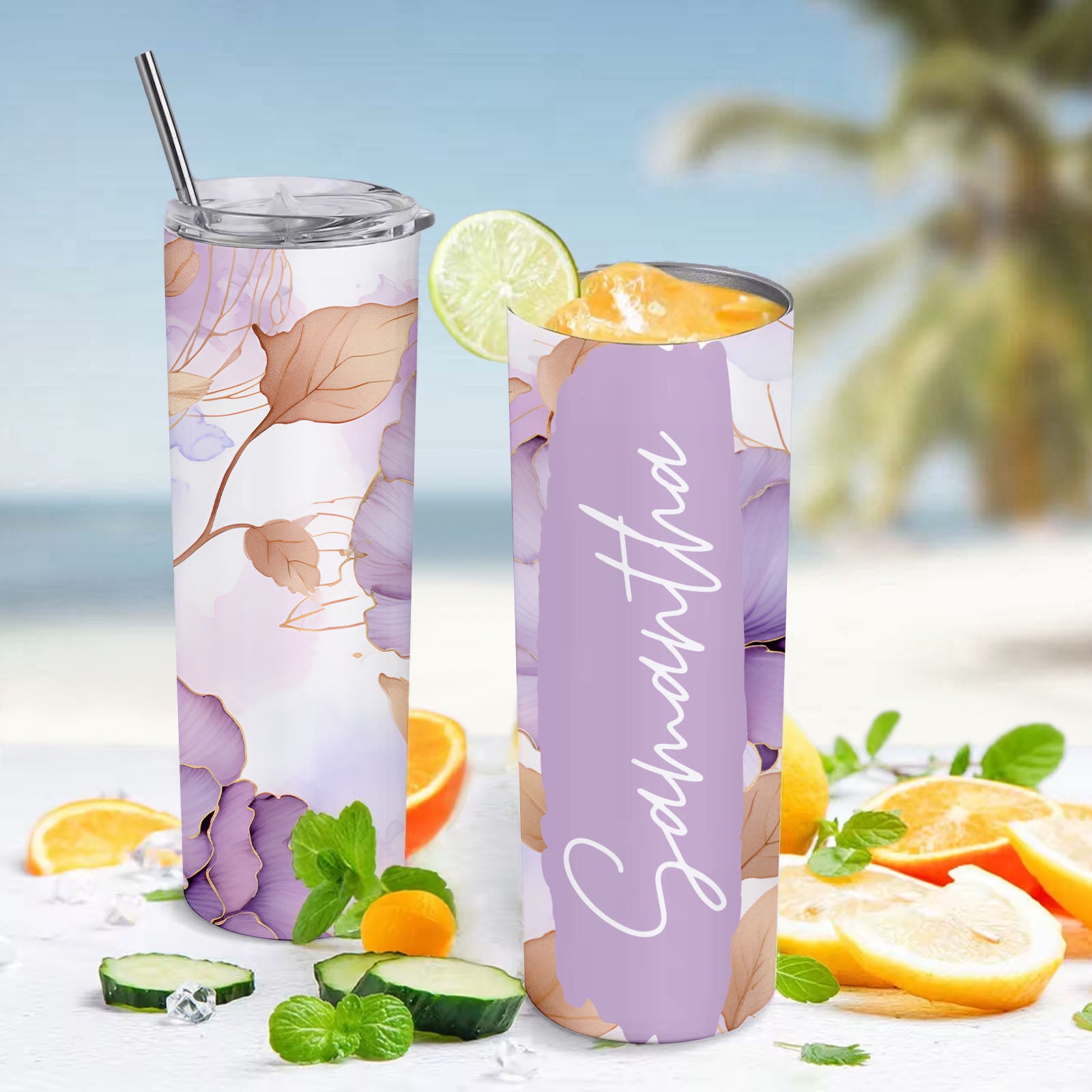 Custom Name Floral Tumbler Personalized Beach Water Cup - MyFaceBoxer