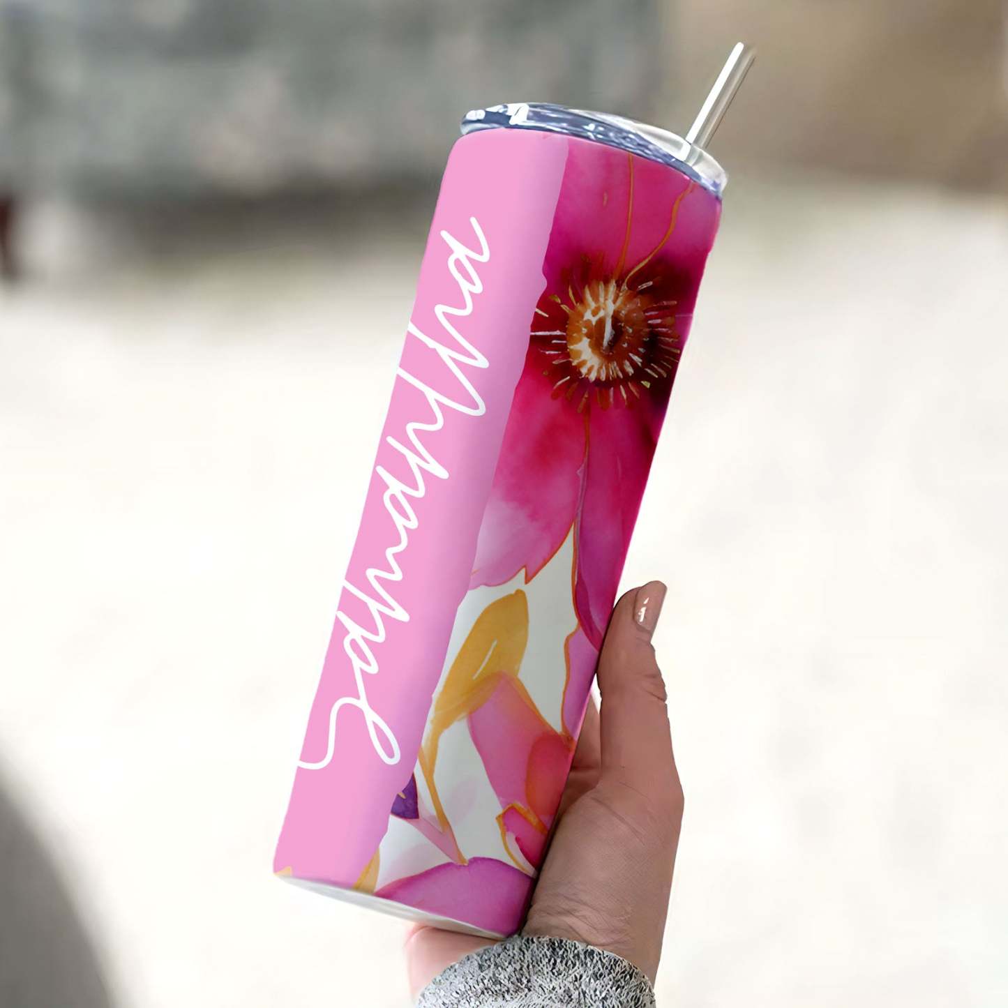 Personalized Skinny Floral Tumbler Name Water Cup Seamless Girl Gift - MyFaceBoxer