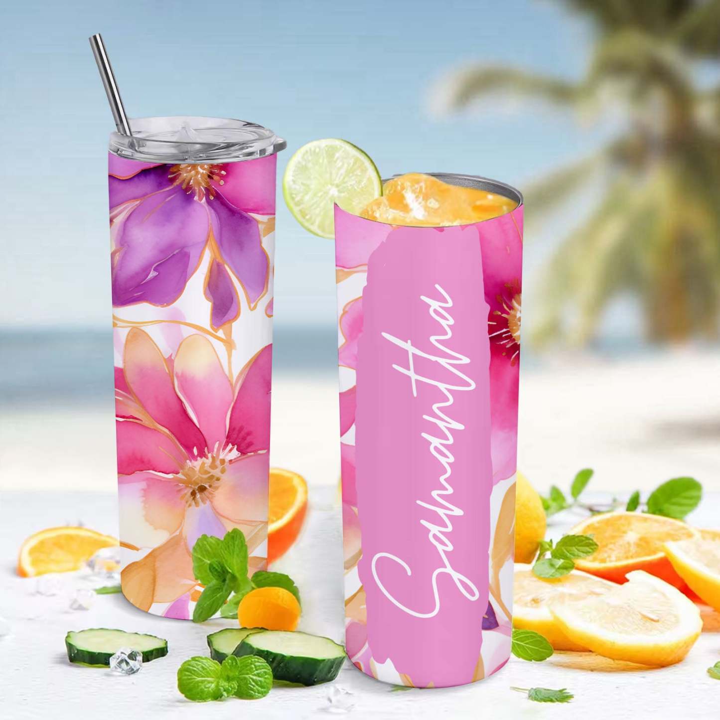 Personalized Skinny Floral Tumbler Name Water Cup Seamless Girl Gift - MyFaceBoxer
