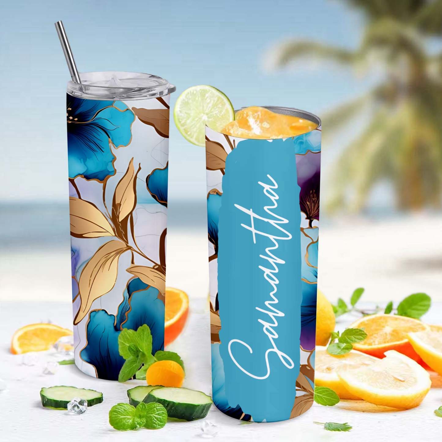 Custom Rose Flower Personalized Name Tumbler 3D Beach Water Cup - MyFaceBoxer