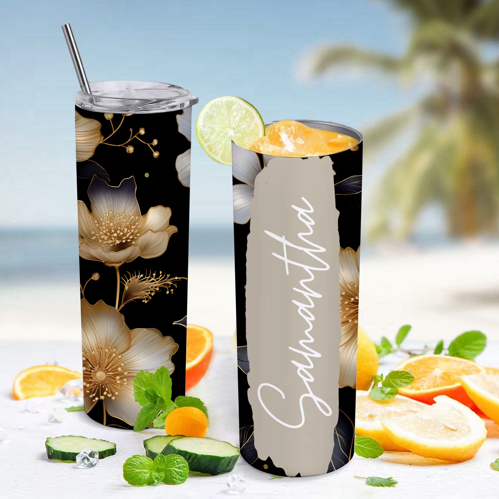 Personalized Name Water Cup Floral Tumbler Gift for Girl - MyFaceBoxer