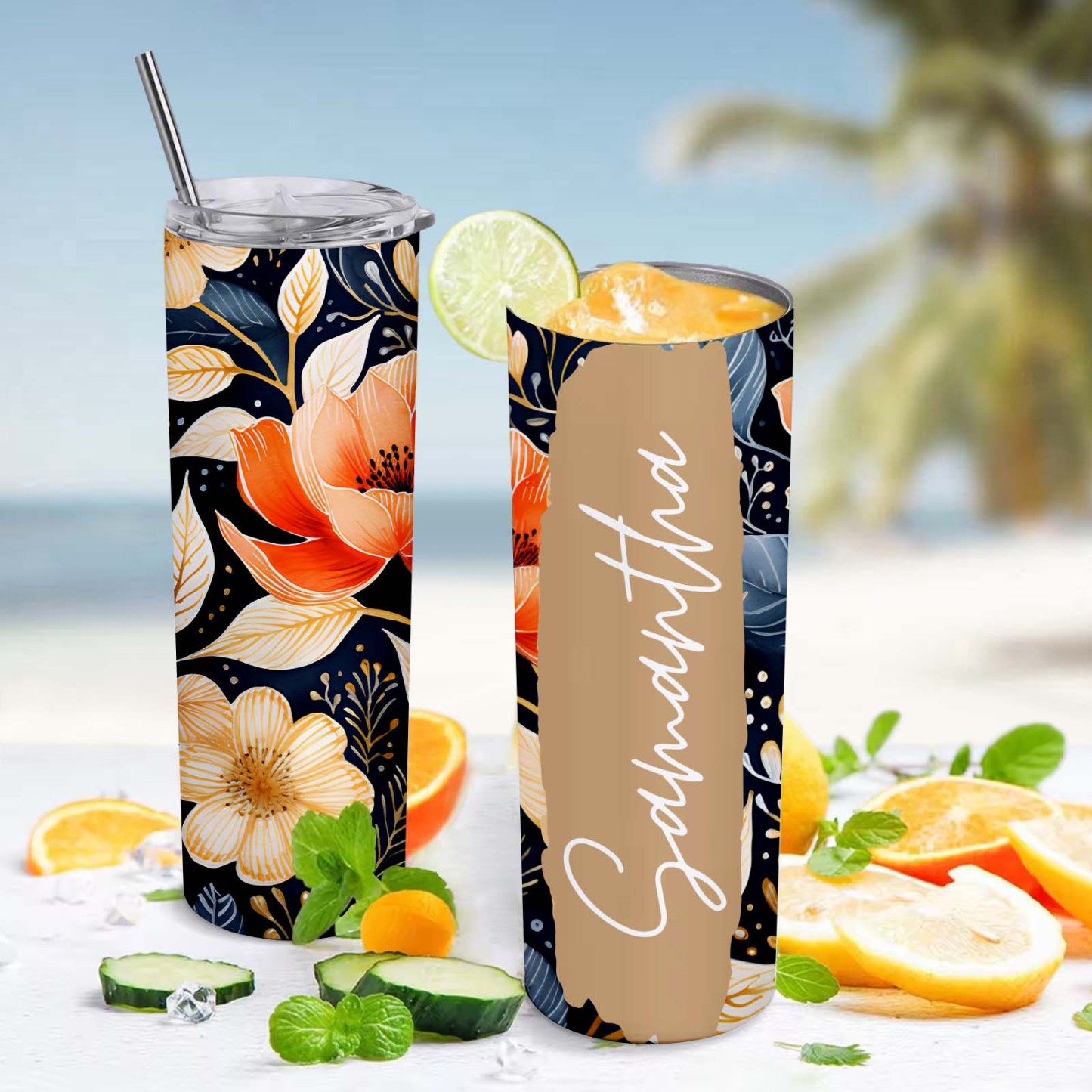 Add Your Own Text Floral Tumbler 20oz Skinny Flower Cup - MyFaceBoxer