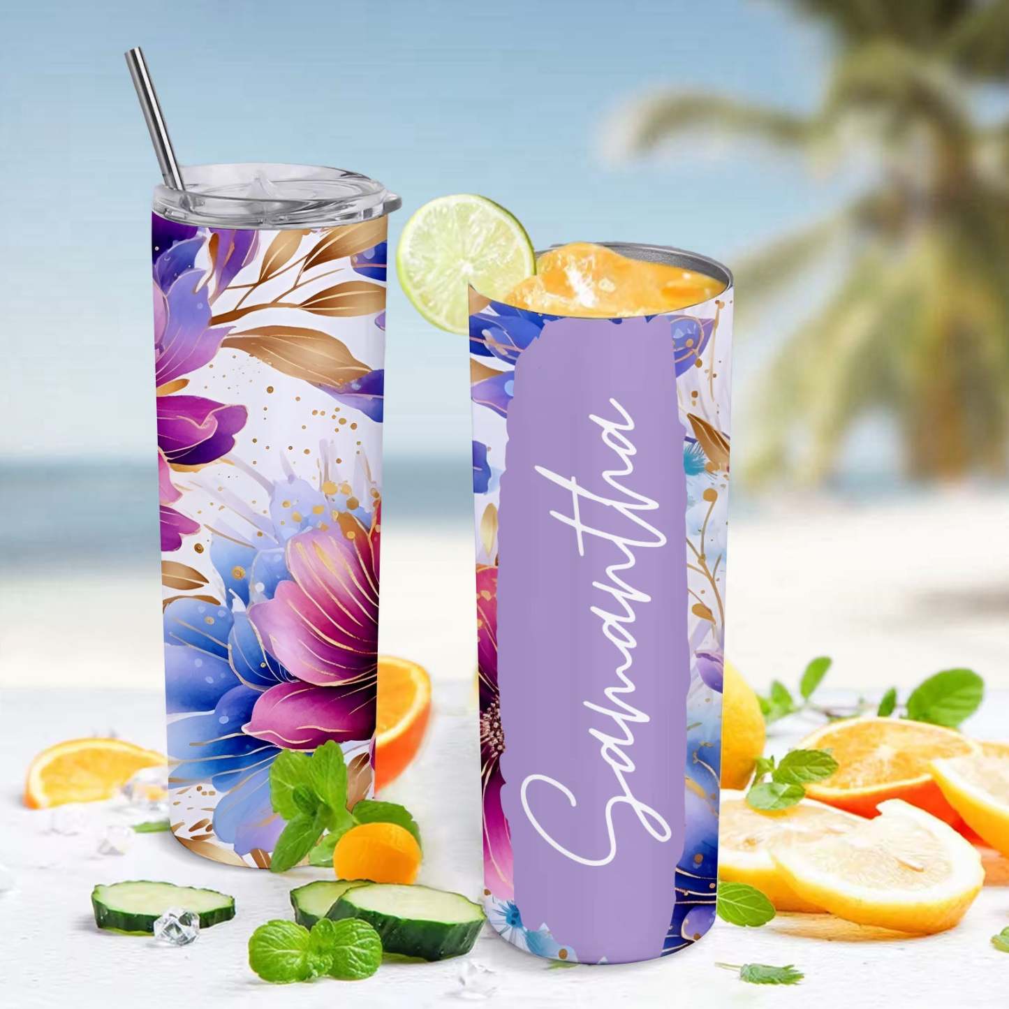 Personalized Name Colorful Flowers Water Cup Wedding Gift - MyFaceBoxer