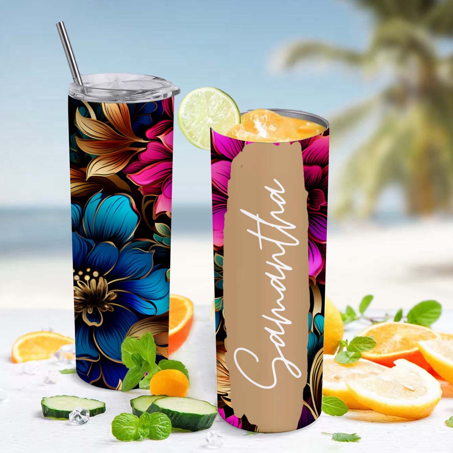 Personalized Name Floral Tumbler Water Cup Gift for Girl - MyFaceBoxer