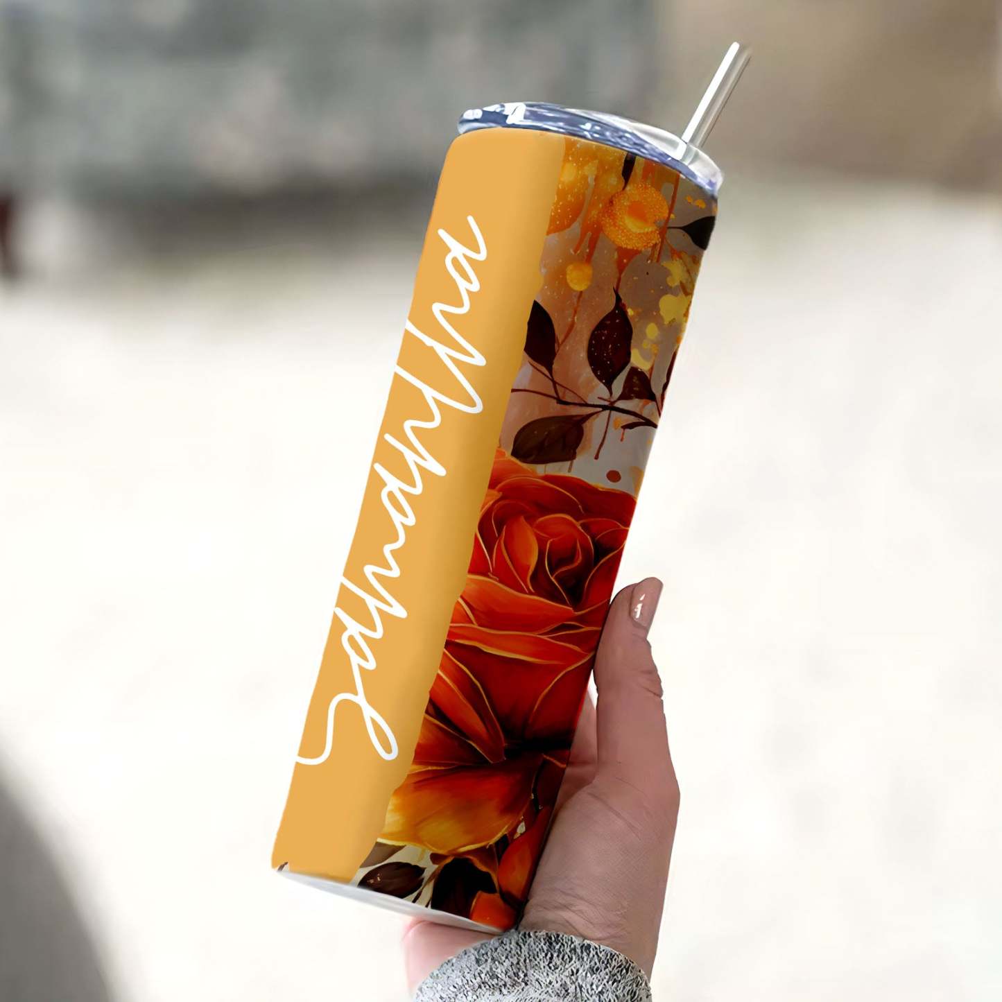 Custom Name Floral Tumbler Personalized Water Cup Skinny Wedding Gift - MyFaceBoxer