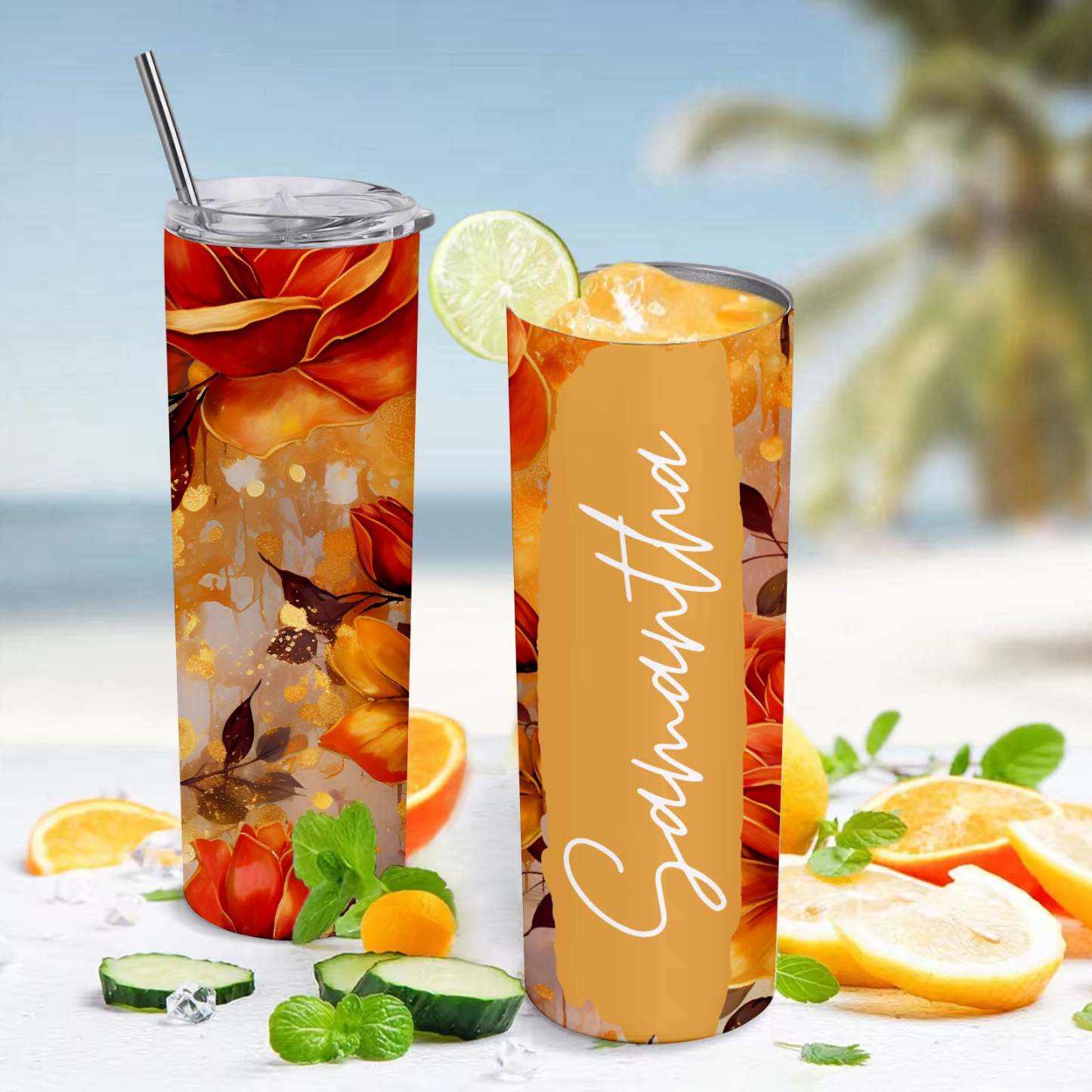 Custom Name Floral Tumbler Personalized Water Cup Skinny Wedding Gift - MyFaceBoxer