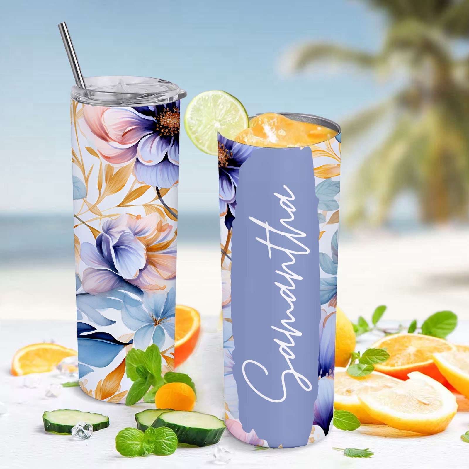 Add Your Own Name Floral Tumbler 20oz Skinny Flower Cup - MyFaceBoxer