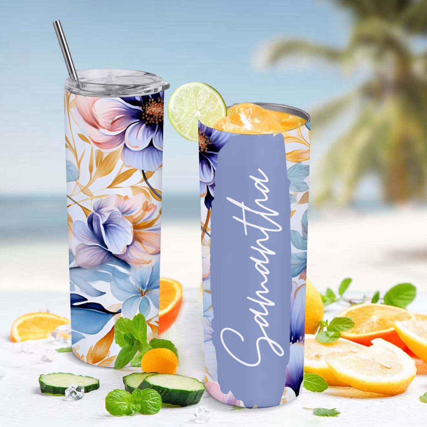 Add Your Own Name Floral Tumbler 20oz Skinny Flower Cup - MyFaceBoxer