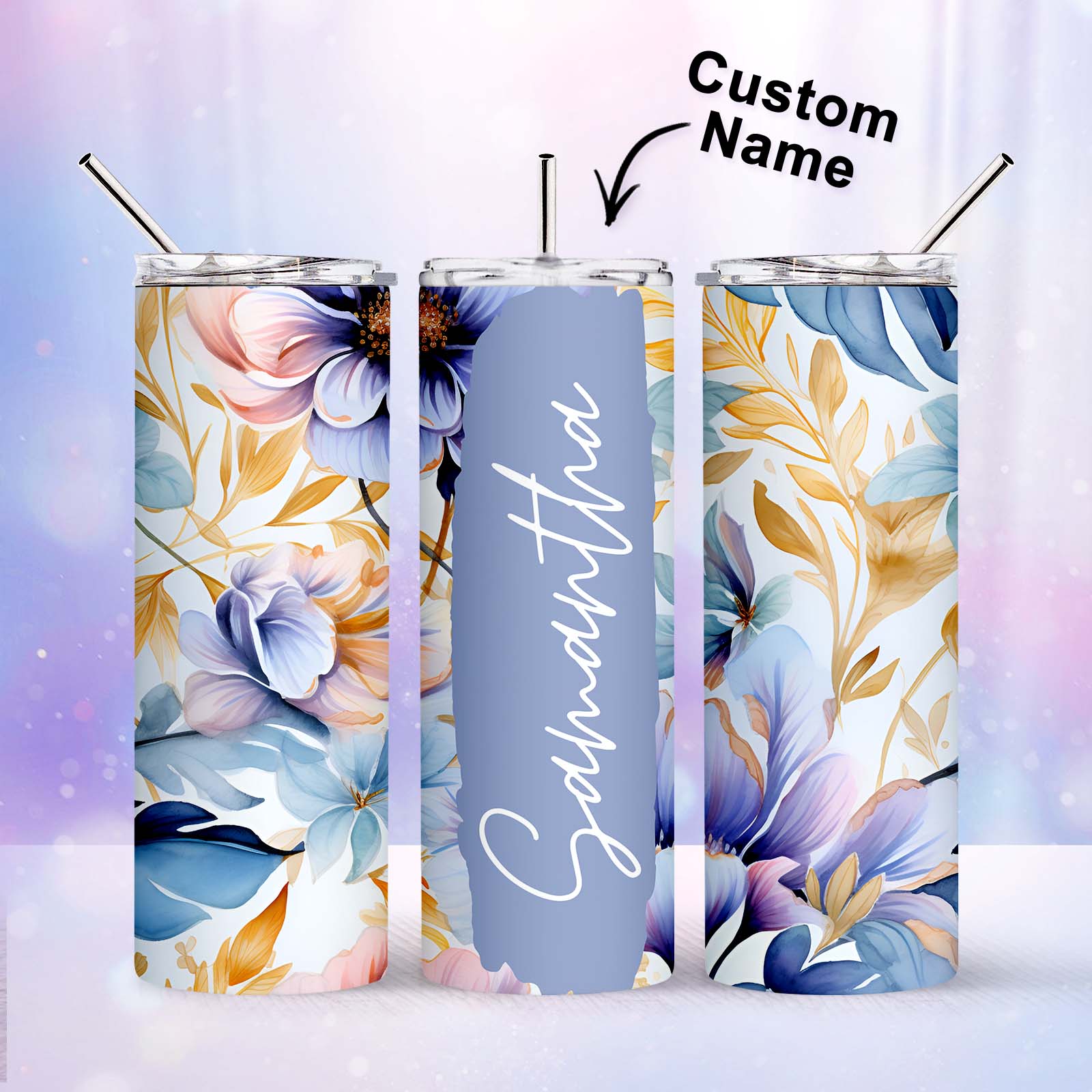 Add Your Own Name Floral Tumbler 20oz Skinny Flower Cup - MyFaceBoxer