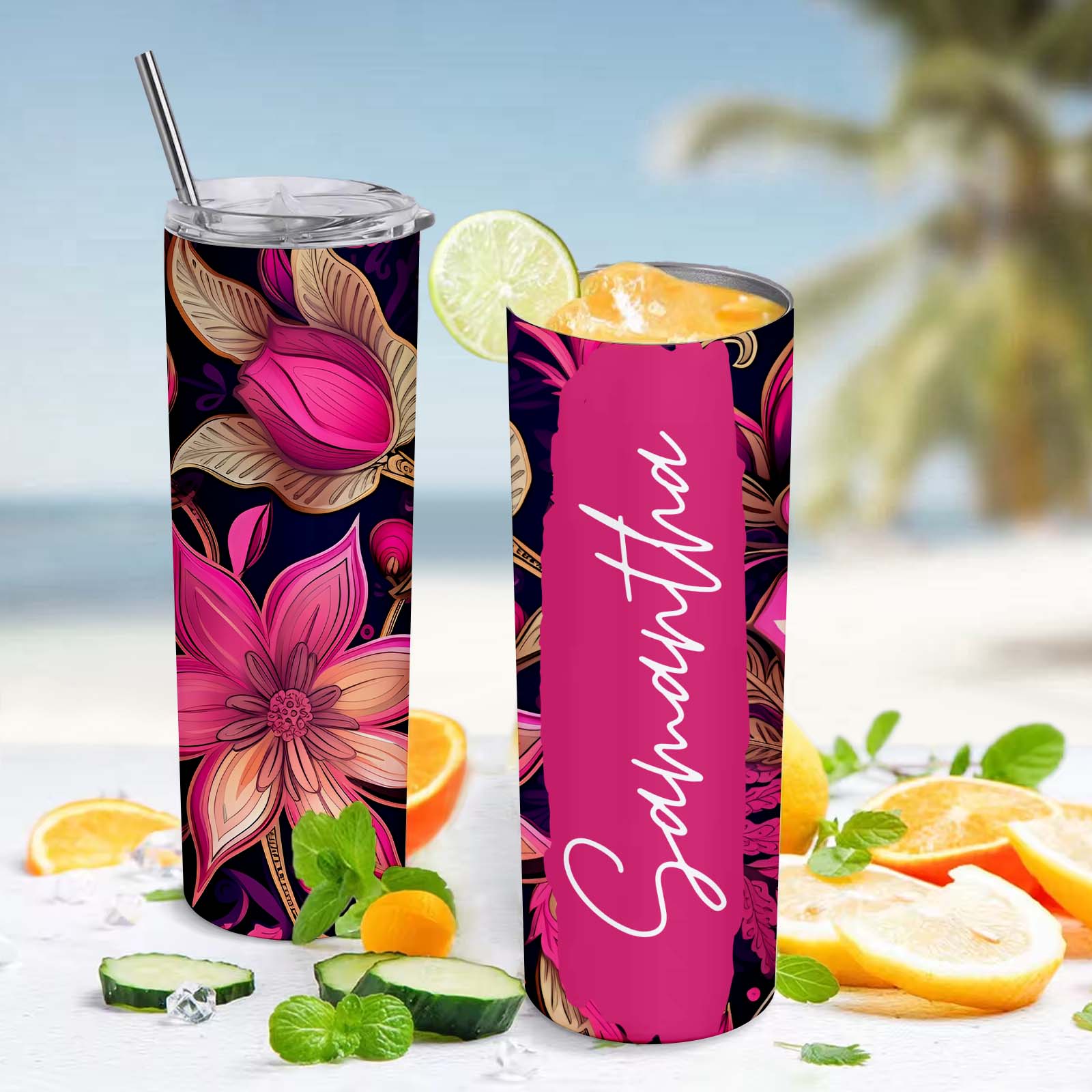 Personalized Text Floral Tumbler 20oz Creative Gift for Girl - MyFaceBoxer