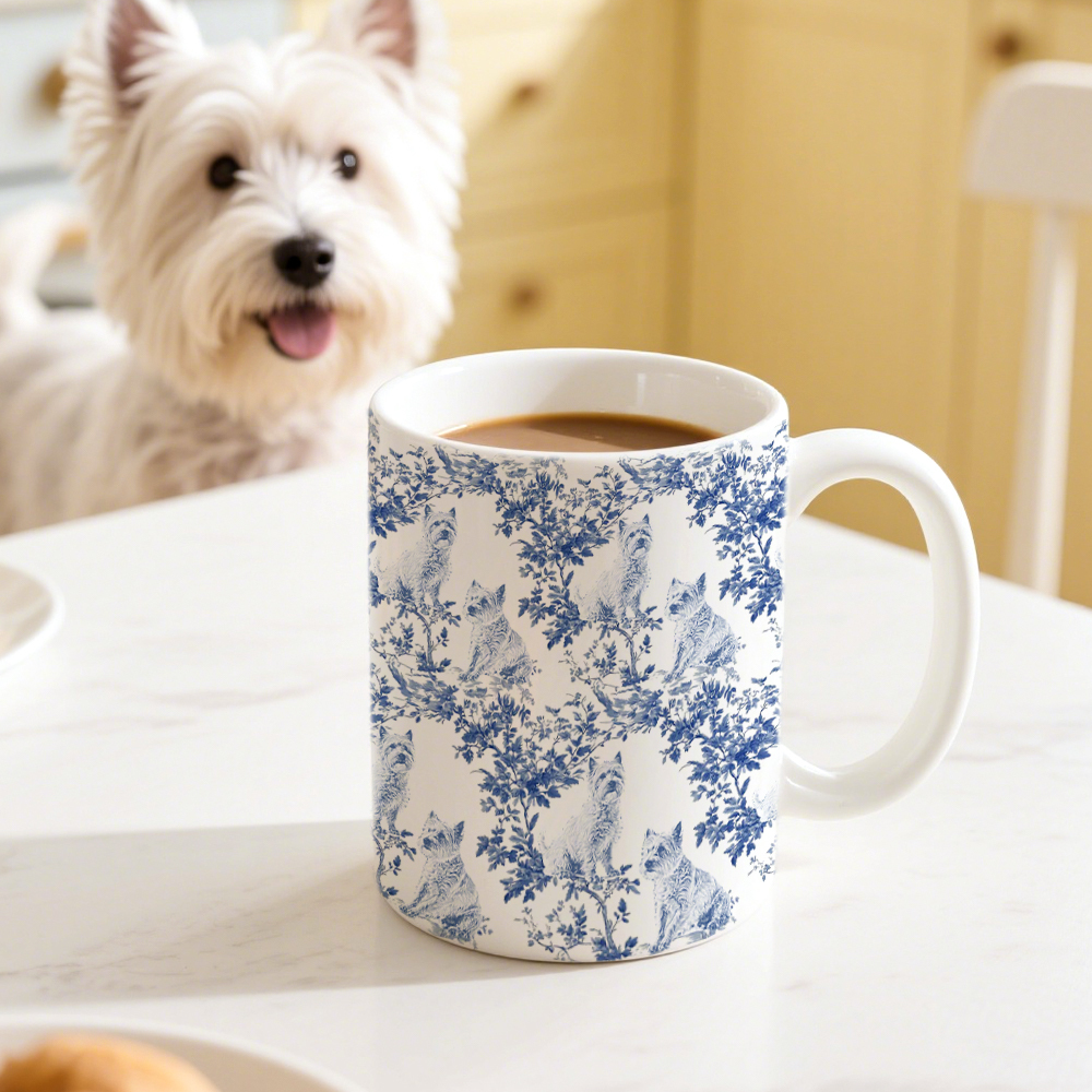 Westie Blue French Toile De Jouy Mug - Toile de Jouy Coffee Cup Gift for West Highland Terrier Mom, Gifts for Westie Lovers, Dog Chinoiserie Mug