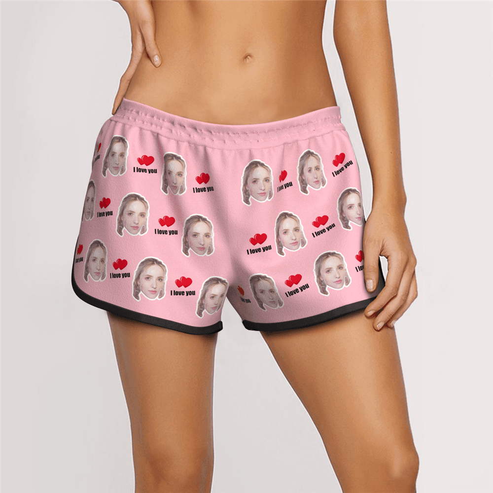 Women's Custom Face Elastic Beach Short Pants - I Love You - MyFaceBoxer