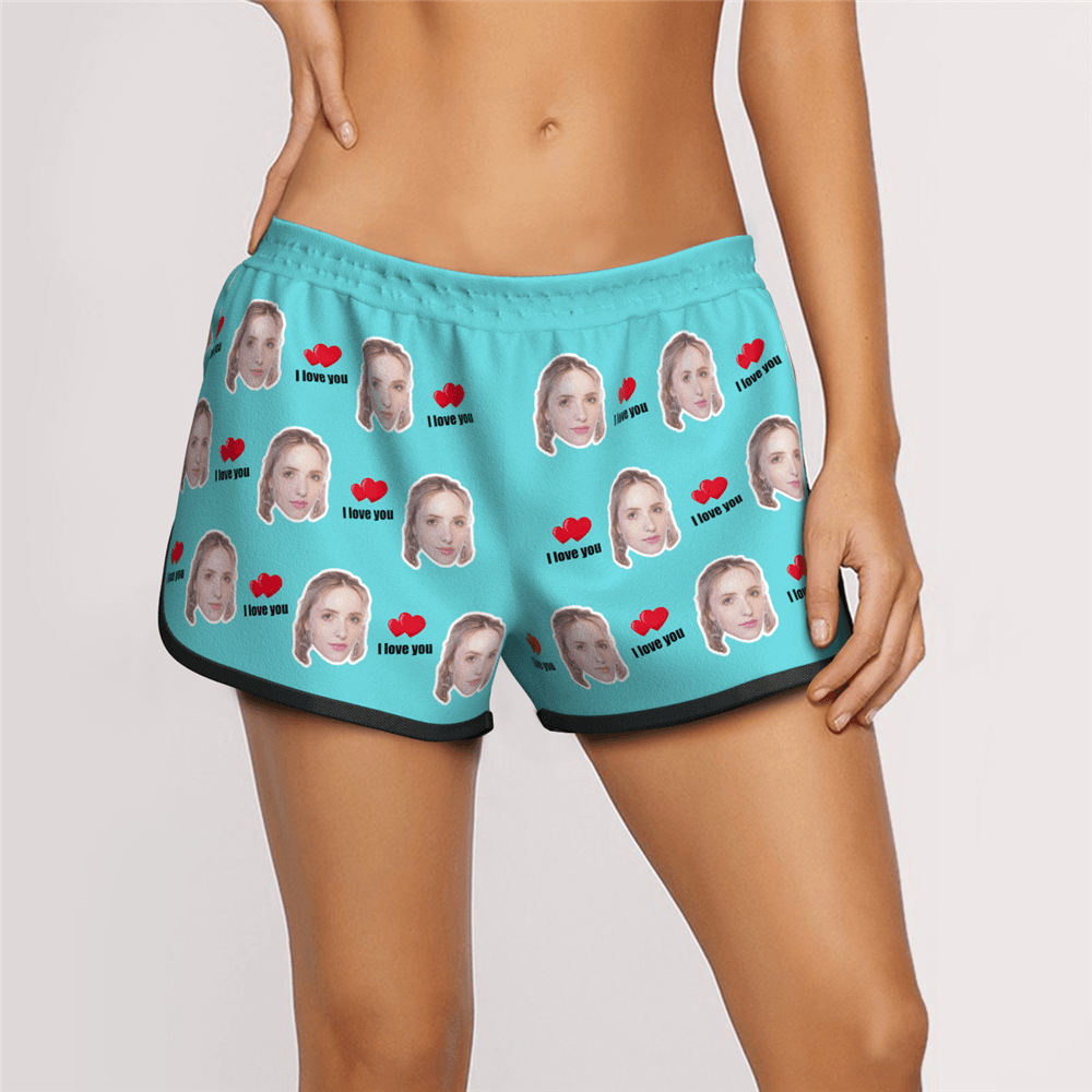 Women's Custom Face Elastic Beach Short Pants - I Love You - MyFaceBoxer