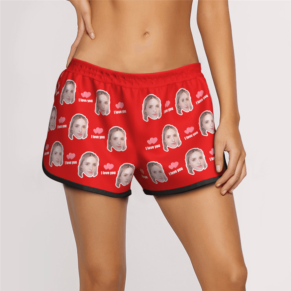 Women's Custom Face Elastic Beach Short Pants - I Love You - MyFaceBoxer